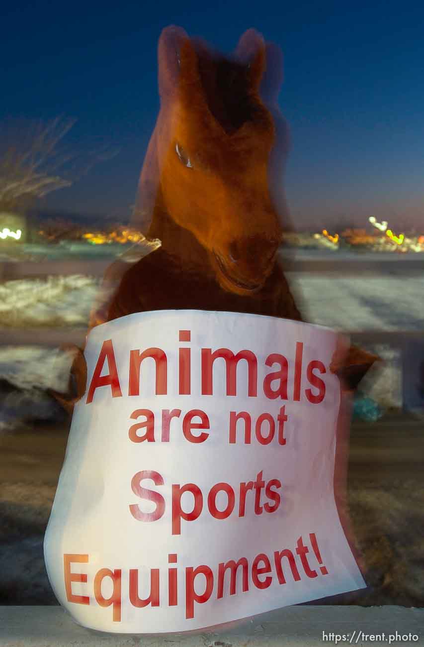 Animal rights protesters chant slogans outside of the Davis County Legacy Center, site of the Olympic Command Performance Rodeo, 2002 Olympic Winter Games.; 02.09.2002, 6:40:48 PM