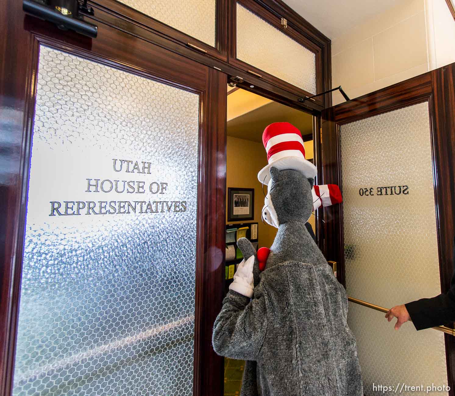 Trent Nelson  |  The Salt Lake Tribune
The Cat in the Hat visited legislators at State Capitol Building in Salt Lake City, Friday, February 28, 2014.