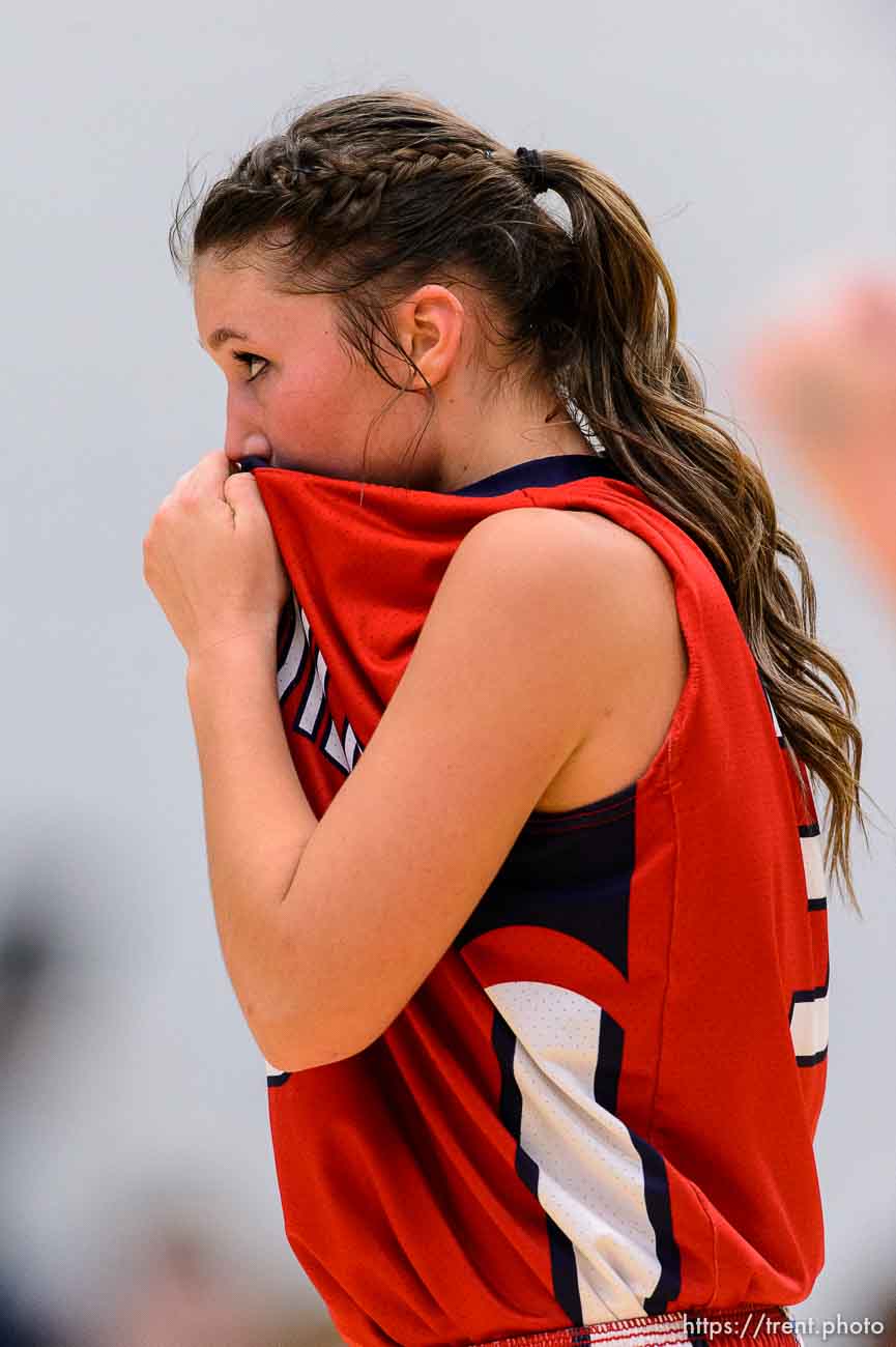 Trent Nelson  |  The Salt Lake Tribune
Springville's Olivia Park (3) reacts to the loss as Sky View faces Springville in the 4A state high school girls basketball tournament at Salt Lake Community College in Taylorsville, Tuesday February 17, 2015. Mountain View wins 54-49.