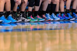 Trent Nelson  |  The Salt Lake Tribune
Blue shoes line the Sky View bench as Sky View faces Springville in the 4A state high school girls basketball tournament at Salt Lake Community College in Taylorsville, Tuesday February 17, 2015. Mountain View wins 54-49.