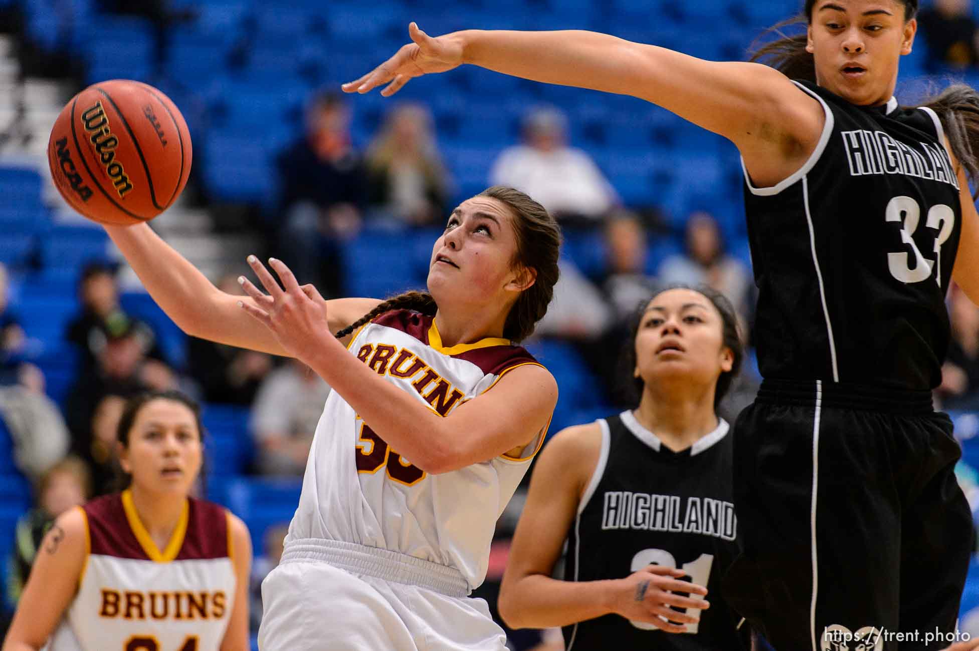 Trent Nelson  |  The Salt Lake Tribune
Mountain View's Tahlia White (35) puts up a shot under Highland's Lana Olevao (33), as Mountain View faces Highland in the 4A state basketball tournament at Salt Lake Community College in Taylorsville, Tuesday February 17, 2015.