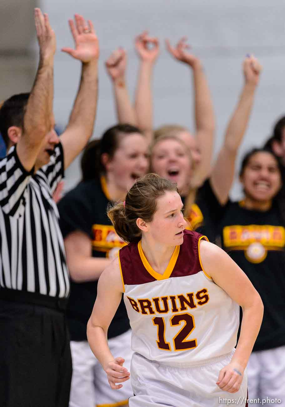 Trent Nelson  |  The Salt Lake Tribune
The Mountain View bench cheers after a three-pointer by Mountain View's Tiffany Peterson (12), as Mountain View faces Highland in the 4A state basketball tournament at Salt Lake Community College in Taylorsville, Tuesday February 17, 2015. Mountain View wins 54-49.