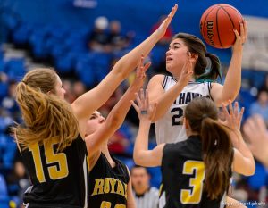 Trent Nelson  |  The Salt Lake Tribune
Salem Hills's JaneAshley Nelson (24) puts up a shot as Salem Hills faces Roy in the 4A state high school girls basketball tournament at Salt Lake Community College in Taylorsville, Tuesday February 17, 2015. Mountain View wins 54-49.