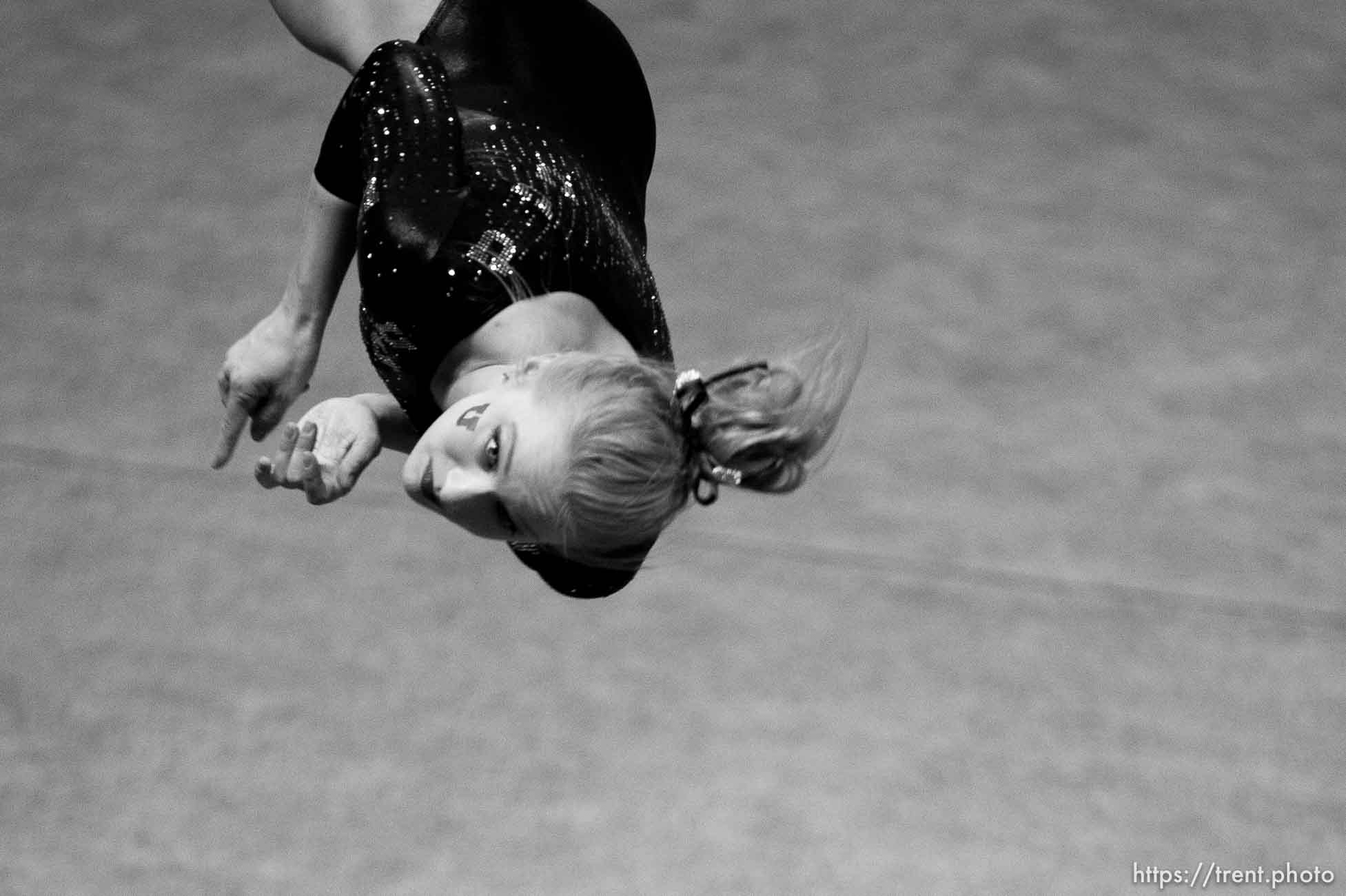 Georgia Dabritz on the floor as the University of Utah Utes host Stanford, college gymnastics at the Huntsman Center in Salt Lake City, Saturday February 21, 2015.