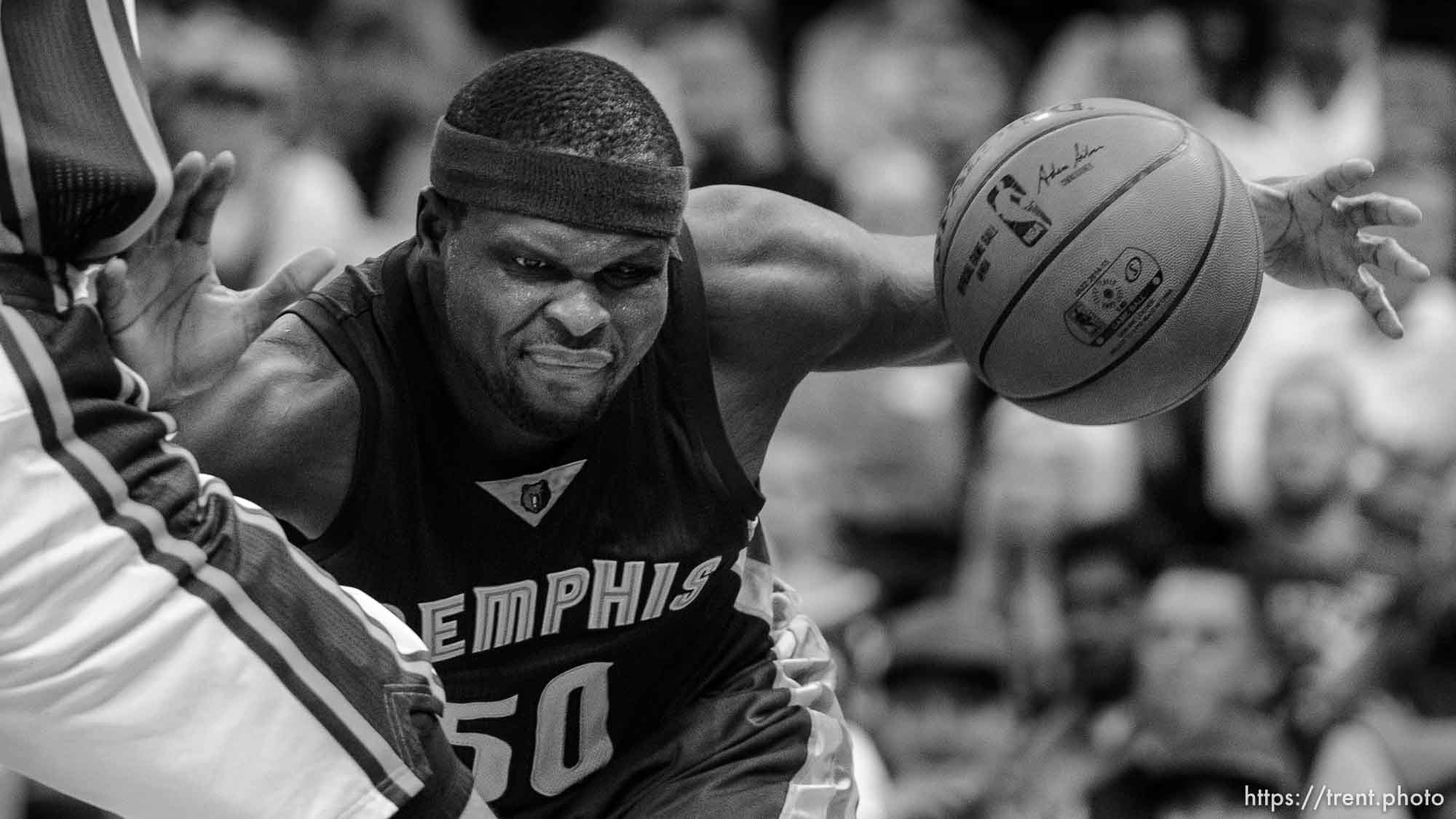 Trent Nelson  |  The Salt Lake Tribune
Memphis Grizzlies forward Zach Randolph (50) defended by Utah Jazz center Rudy Gobert (27), as the Utah Jazz host the Memphis Grizzlies, NBA basketball at EnergySolutions Arena in Salt Lake City, Wednesday February 4, 2015.