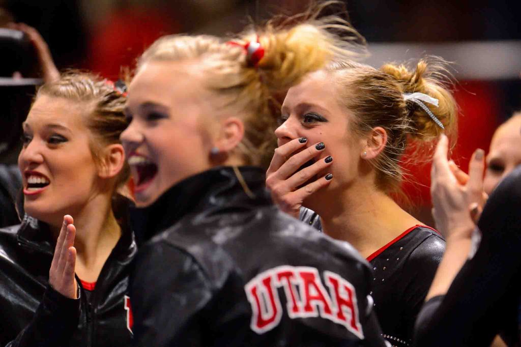 Trent Nelson  |  The Salt Lake Tribune
Utah's Breanna Hughes covers her face upon receiving a score of 10 on the floor as Utah hosts George, NCAA gymnastics at the Huntsman Center in Salt Lake City, Saturday March 12, 2016.