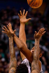 Trent Nelson  |  The Salt Lake Tribune
Utah Jazz center Boris Diaw (33) passes over Denver Nuggets forward Wilson Chandler (21) as the Utah Jazz host the Denver Nuggets in Salt Lake City, Wednesday November 23, 2016.