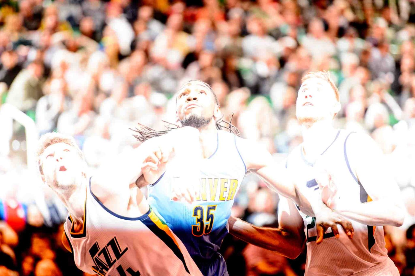 Trent Nelson  |  The Salt Lake Tribune
Utah Jazz center Jeff Withey (24) Denver Nuggets forward Kenneth Faried (35) Utah Jazz forward Gordon Hayward (20) as the Utah Jazz host the Denver Nuggets in Salt Lake City, Wednesday November 23, 2016.