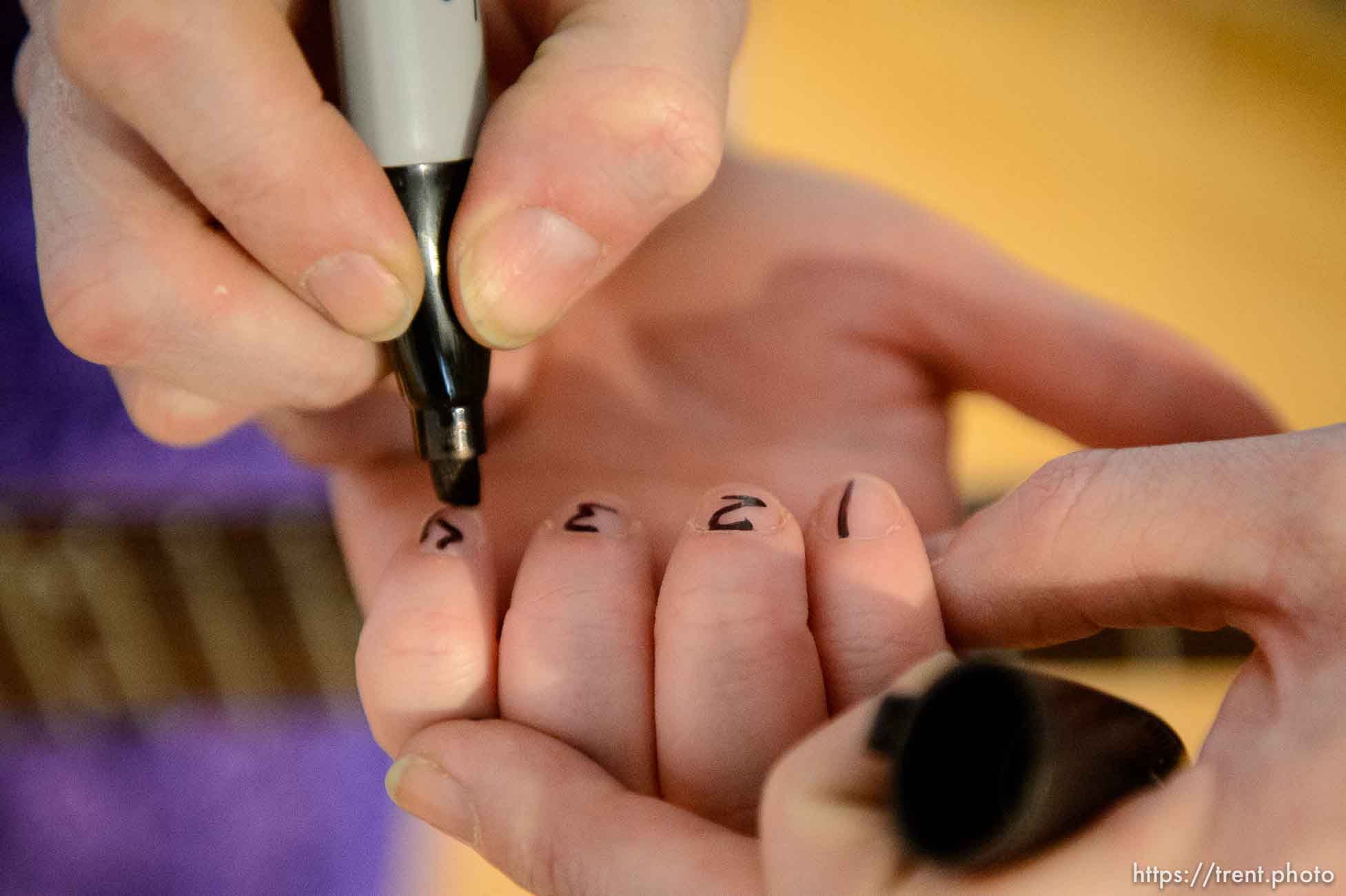 Guitar instructor Sofia Scott writes the numbers 1-4 on a new player's fingernails at Rock Camp for Womyn. People attending the camp learn how to play instruments, form bands, write songs, and perform live in concert — all in three days. It's a new program by the same group that does Rock and Roll Camp for Girls. Salt Lake City, Friday February 2, 2018.