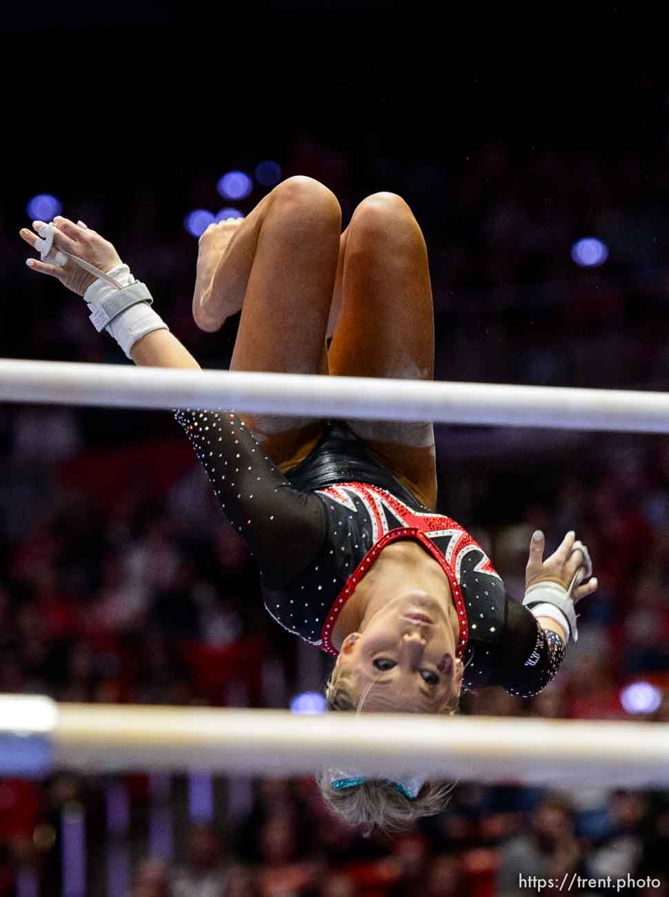 (Trent Nelson | The Salt Lake Tribune)  MyKayla Skinner  on bars as Utah hosts Washington, NCAA gymnastics in Salt Lake City, Saturday February 3, 2018.