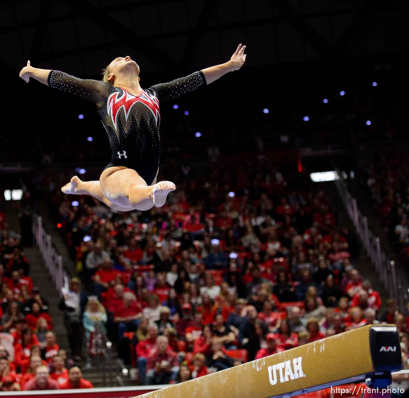 (Trent Nelson | The Salt Lake Tribune)  Maddy Stover on beam as Utah hosts Washington, NCAA gymnastics in Salt Lake City, Saturday February 3, 2018.