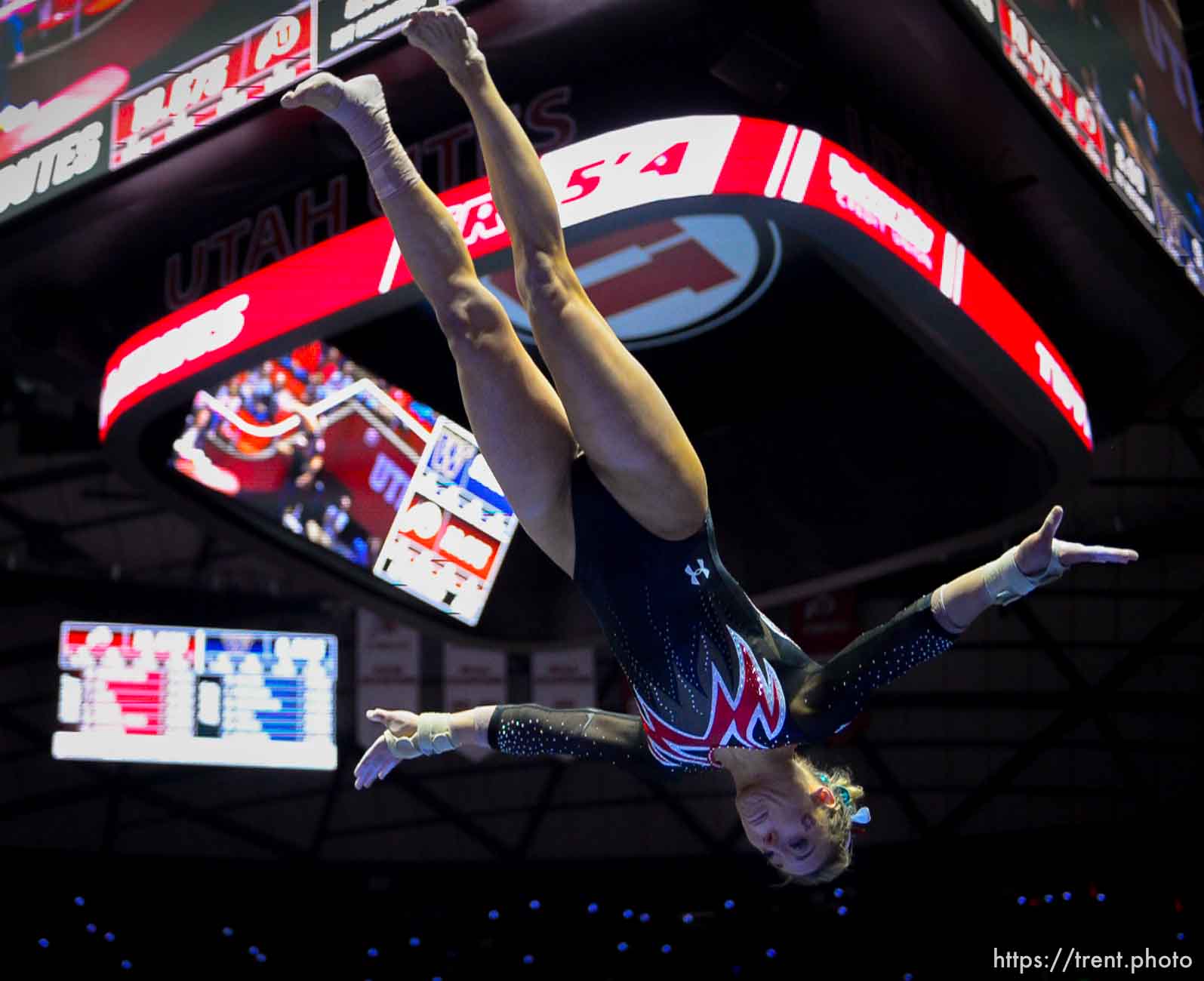 (Trent Nelson | The Salt Lake Tribune)  Kim Tessen on vault as Utah hosts Washington, NCAA gymnastics in Salt Lake City, Saturday February 3, 2018.