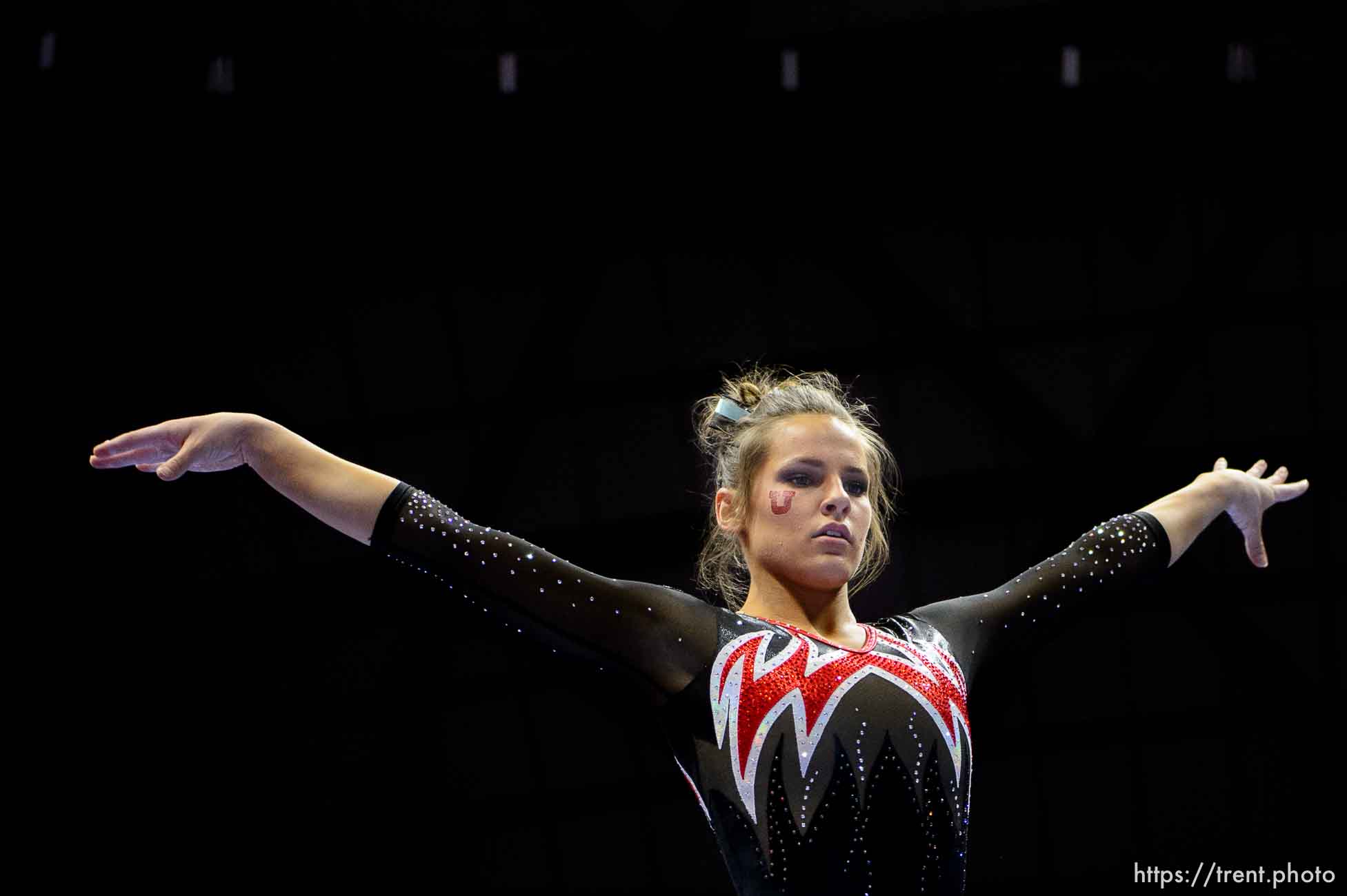 (Trent Nelson | The Salt Lake Tribune)  Missy Reinstadtler on beam as Utah hosts Washington, NCAA gymnastics in Salt Lake City, Saturday February 3, 2018.