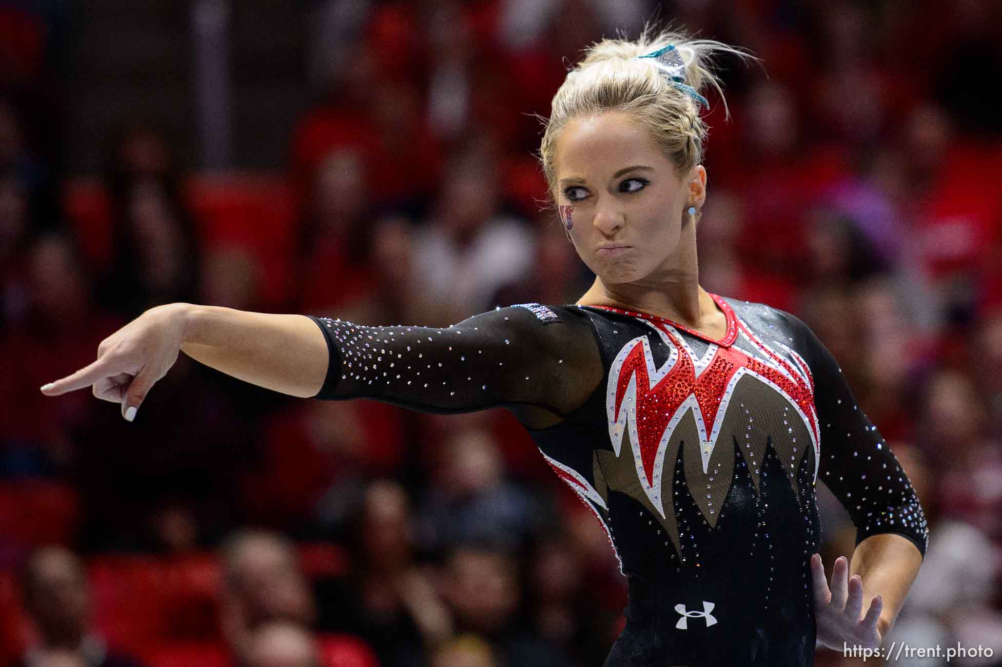 (Trent Nelson | The Salt Lake Tribune)  MyKayla Skinner  on floor as Utah hosts Washington, NCAA gymnastics in Salt Lake City, Saturday February 3, 2018.