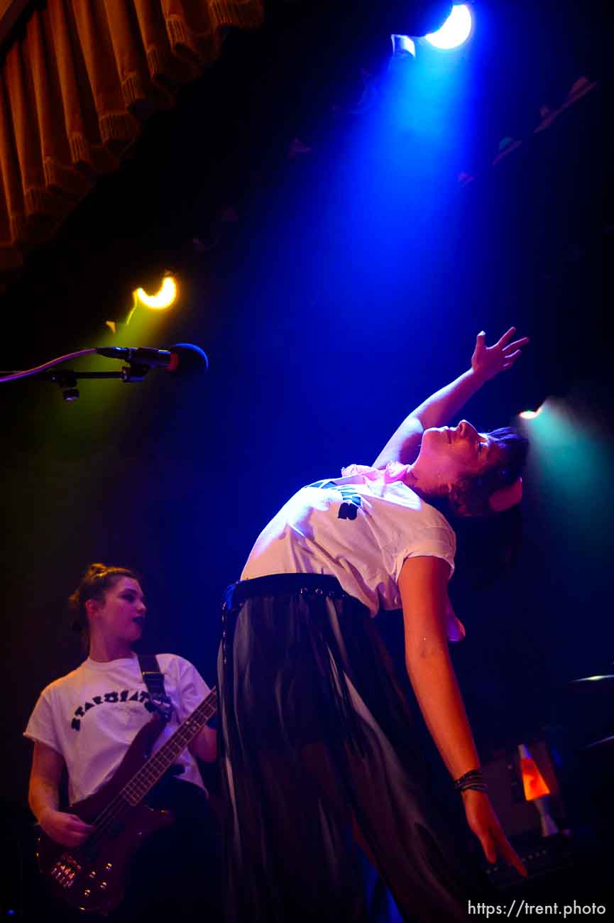 Emily Means and Olivia Juarez of the Starbrats perform at Rock Camp for Womyn's showcase, a live performance. People attending the camp learn how to play instruments, form bands, write songs, and perform live in concert — all in three days. It's a new program by the same group that does Rock and Roll Camp for Girls. Salt Lake City, Sunday February 4, 2018.