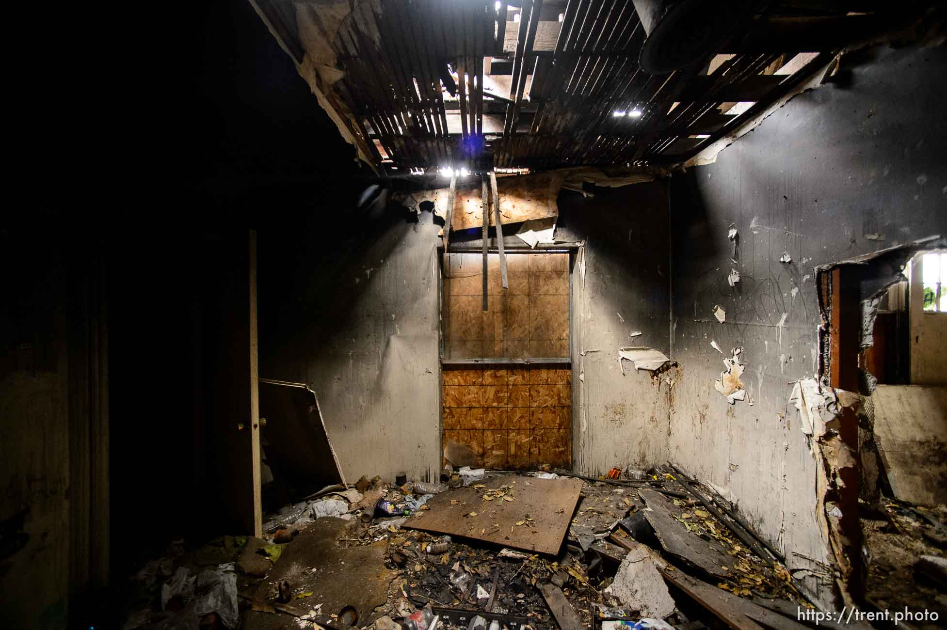 (Trent Nelson | The Salt Lake Tribune)  A dilapidated, fire-damaged building near 100 South 700 East in Salt Lake City, Thursday Feb. 15, 2018. Other Side Academy has received approval to demolish it for their expansion.