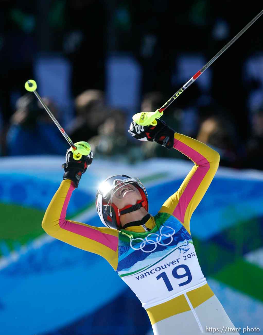 Maria Riesch, Germany, takes the gold medal in Ladies' Super Combined, at the XXI Olympic Winter Games in Whistler, Thursday, February 18, 2010.