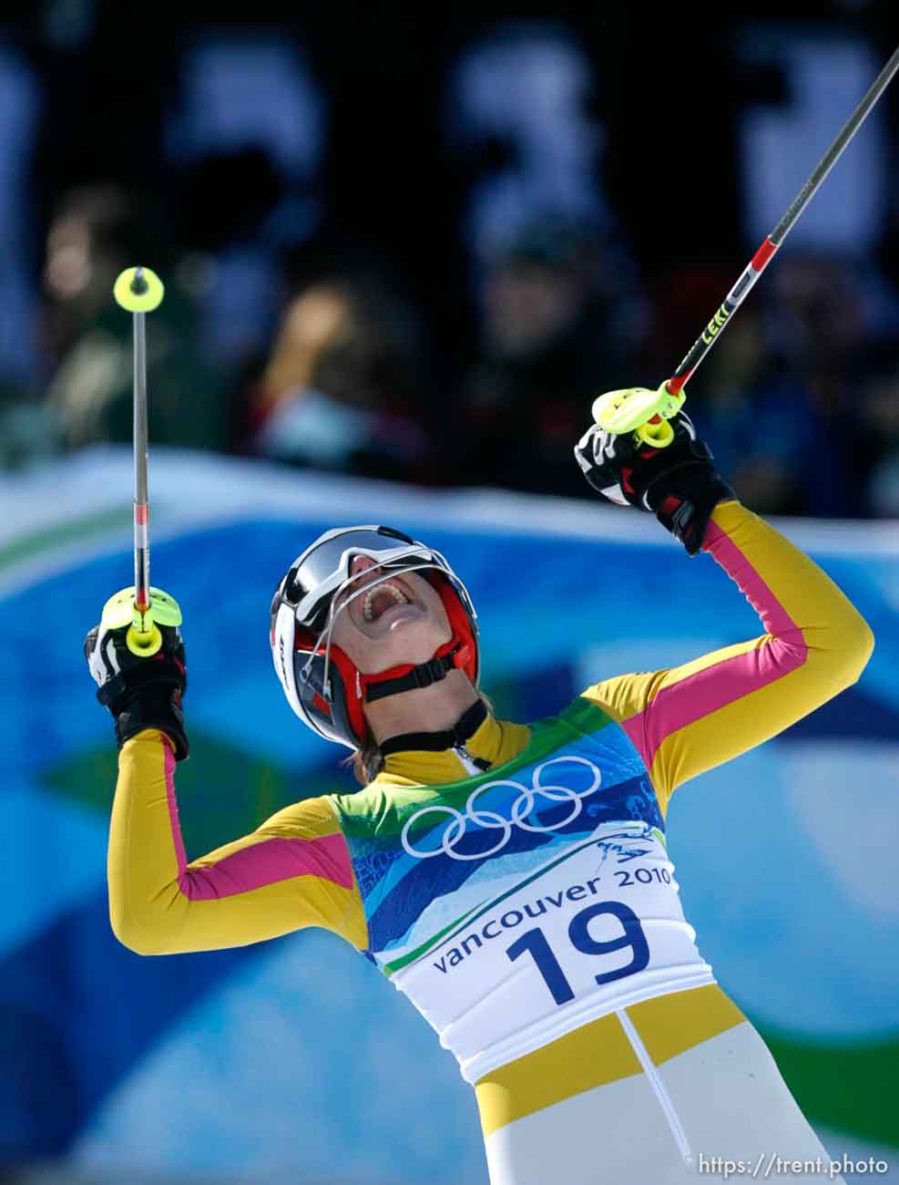 Maria Riesch, Germany, takes the gold medal in Ladies' Super Combined, at the XXI Olympic Winter Games in Whistler, Thursday, February 18, 2010.