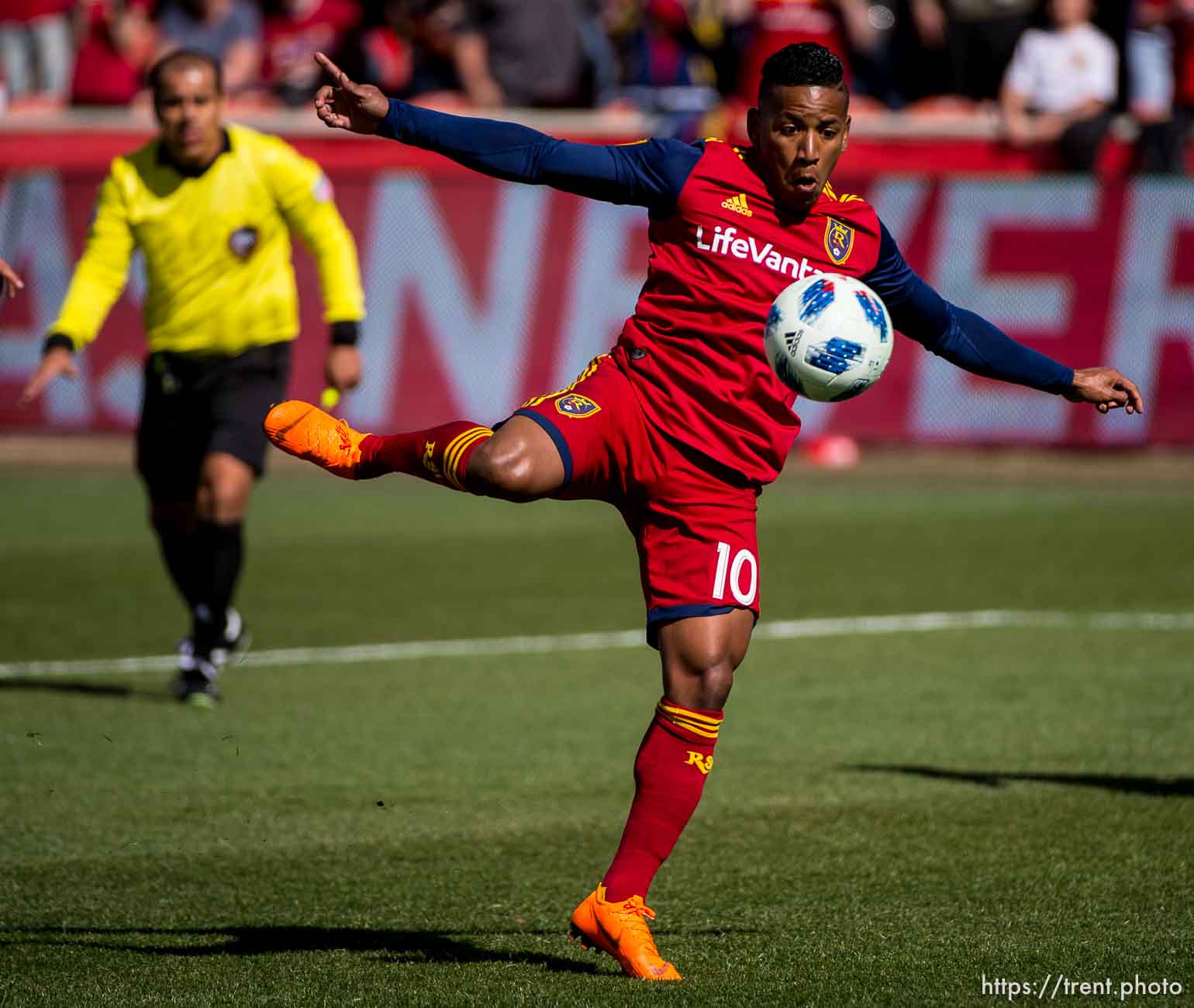 Real Salt Lake forward Joao Plata (10) scores in the first half.