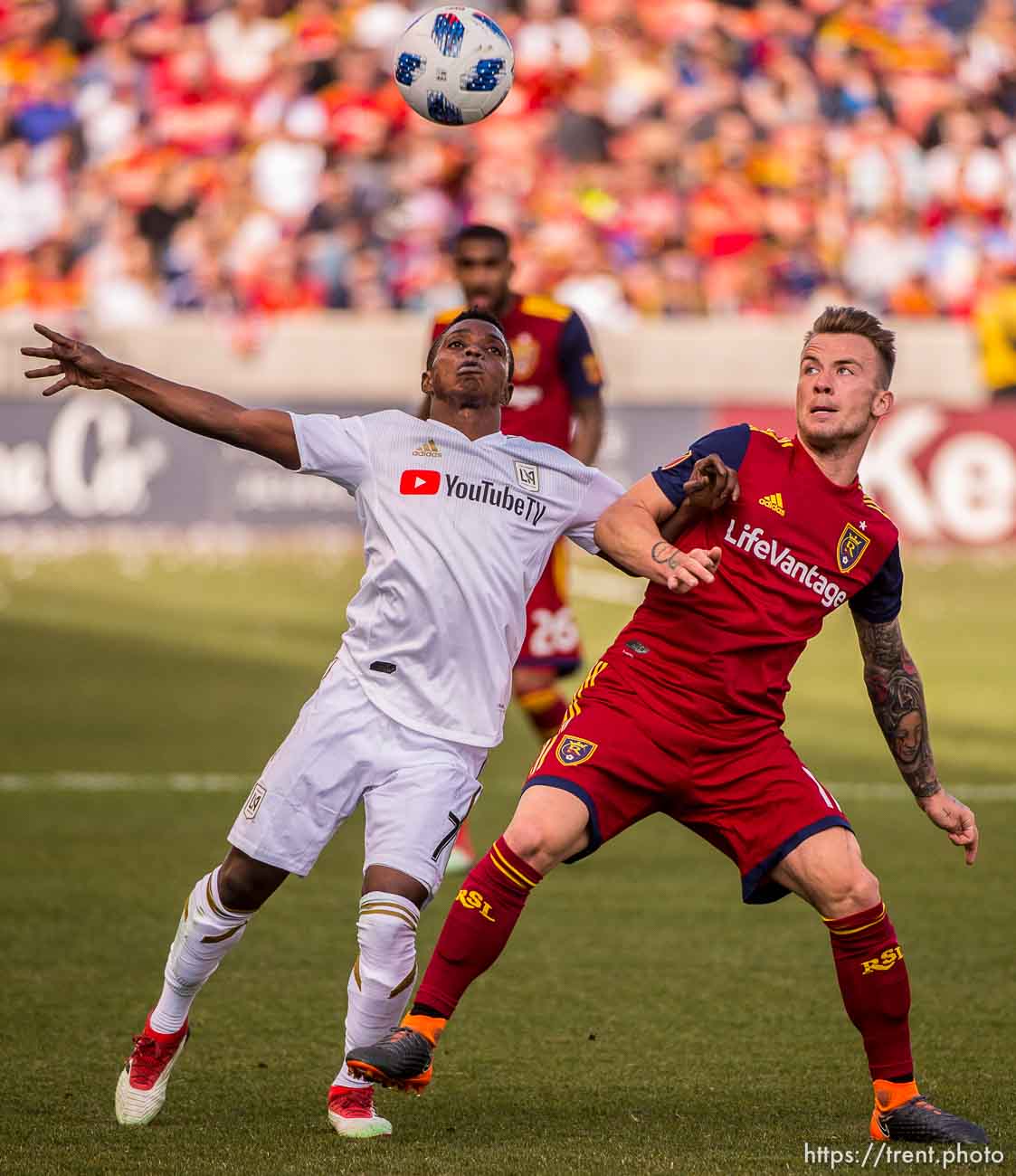 Los Angeles FC forward Latif Blessing (7) and Real Salt Lake midfielder Albert Rusnak (11).