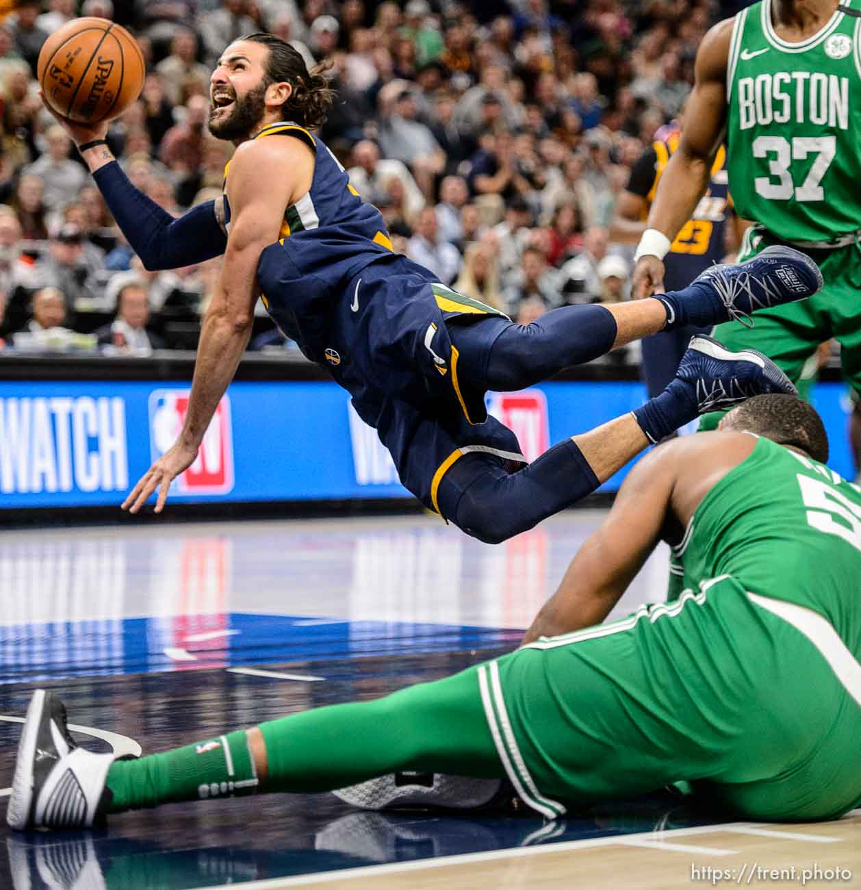 (Trent Nelson | The Salt Lake Tribune)  
Utah Jazz vs. Boston Celtics, NBA basketball in Salt Lake City, Wednesday March 28, 2018. Utah Jazz guard Ricky Rubio (3) shoots while falling.