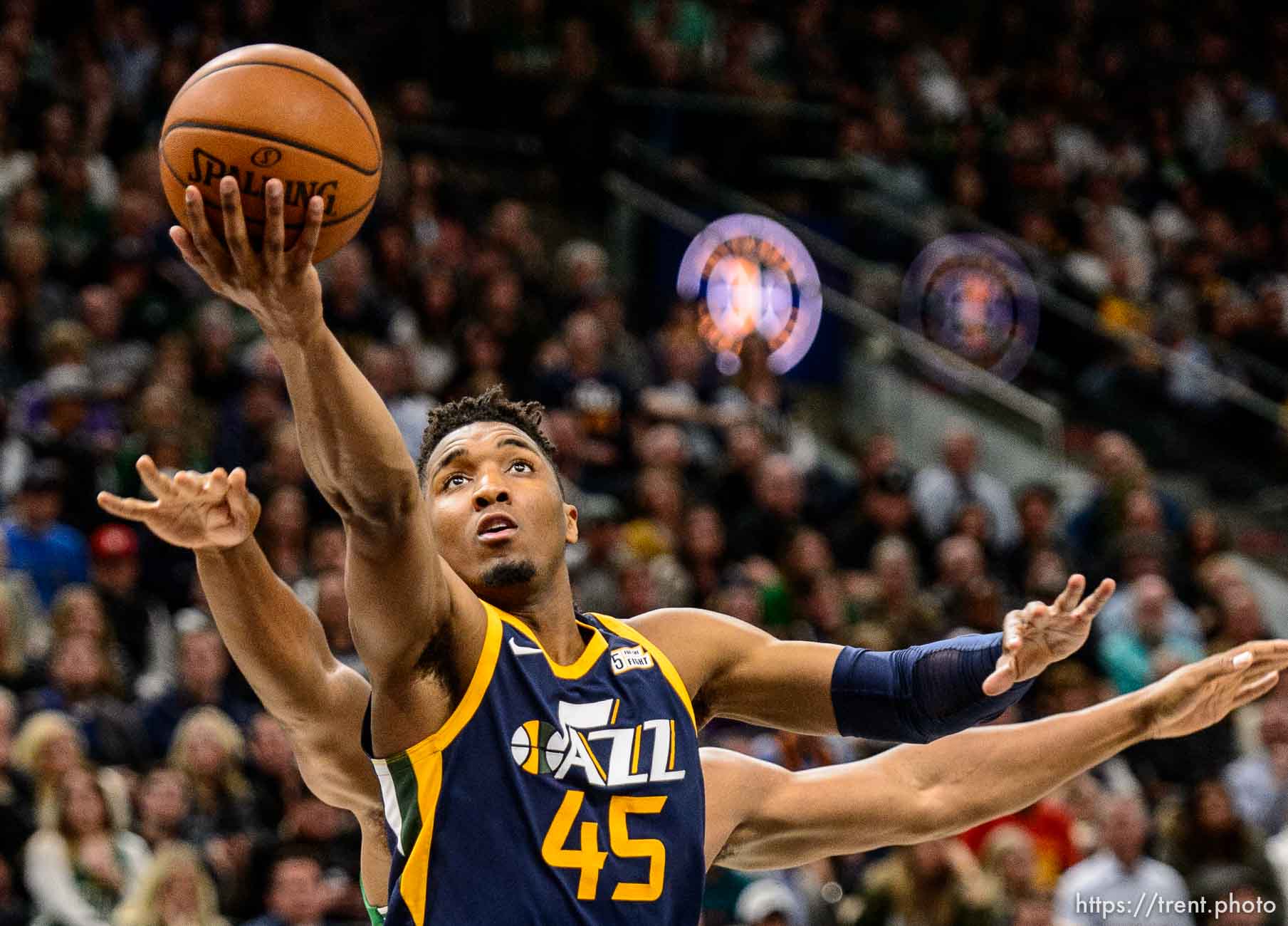 (Trent Nelson | The Salt Lake Tribune)  
Utah Jazz vs. Boston Celtics, NBA basketball in Salt Lake City, Wednesday March 28, 2018. Utah Jazz guard Donovan Mitchell (45) shoots.