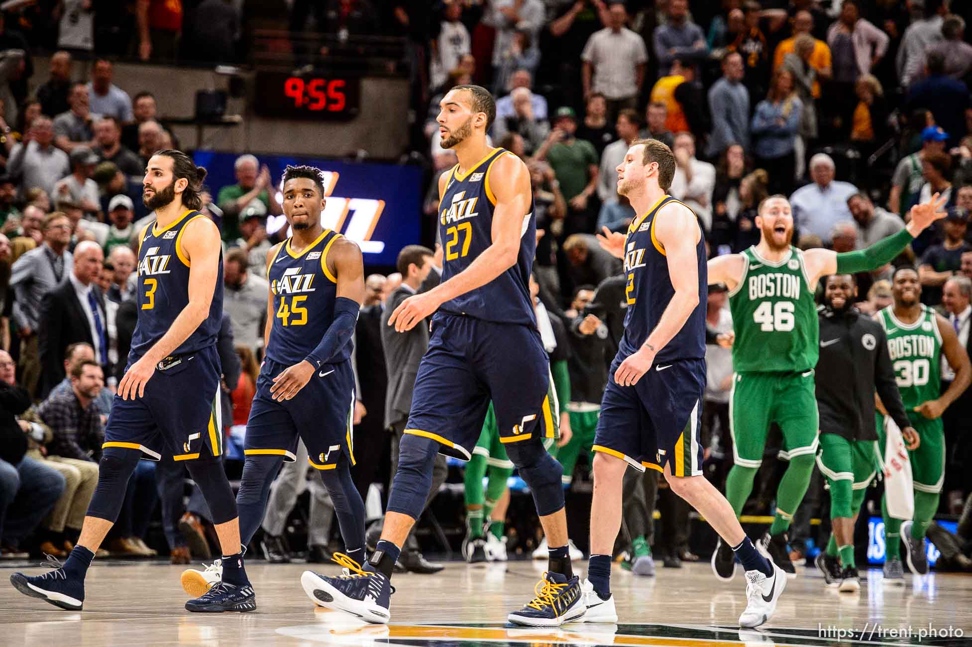 (Trent Nelson | The Salt Lake Tribune)  
Utah Jazz vs. Boston Celtics, NBA basketball in Salt Lake City, Wednesday March 28, 2018. Utah Jazz guard Ricky Rubio (3), Utah Jazz guard Donovan Mitchell (45), Utah Jazz center Rudy Gobert (27) and Utah Jazz forward Joe Ingles (2) walk off the court, behind with .3 seconds remaining.