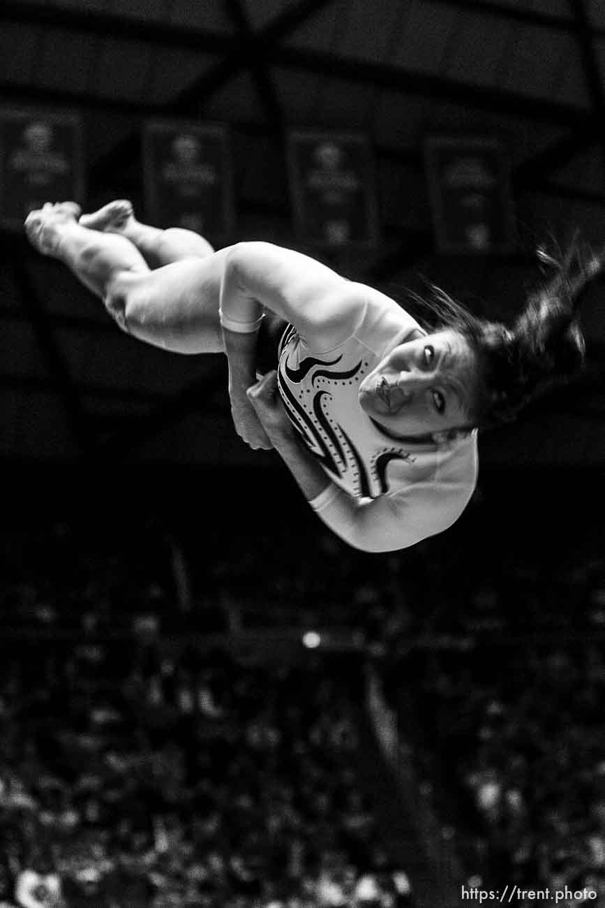 Salt Lake City - Utah's Nina Kim dismounts, scoring a 9.950 on the beam, University of Utah vs. Florida gymnastics Friday March 13, 2009.