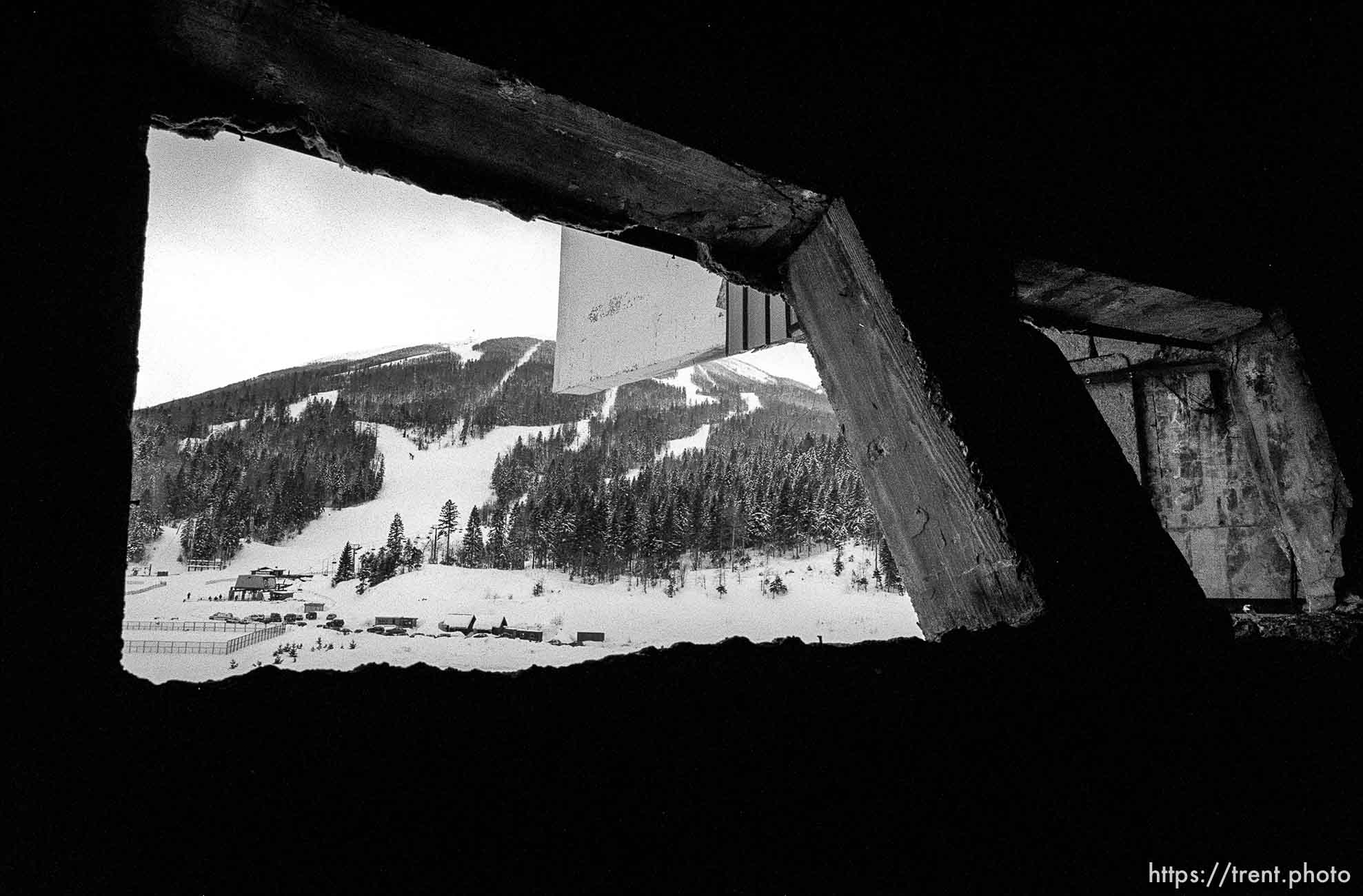 Babindo ski resort, Olympic venue, seen through shelled hotel.