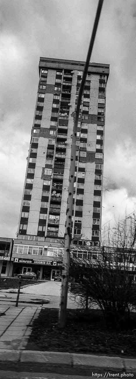 Shelled apartment building.