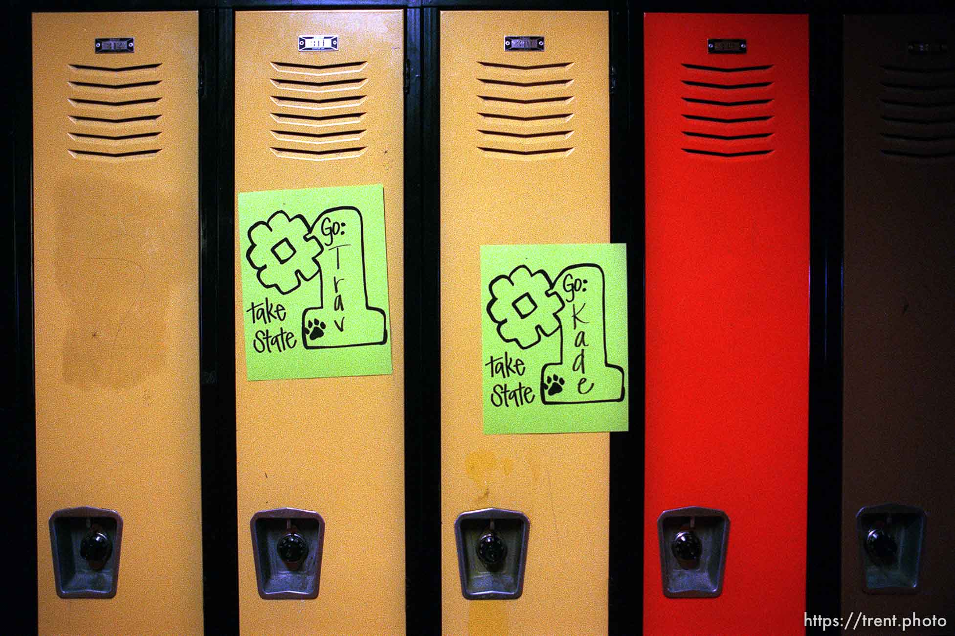 Signs of encouragement left on the lockers of North Sevier boys basketball players Travis Story and Kade Hallows.