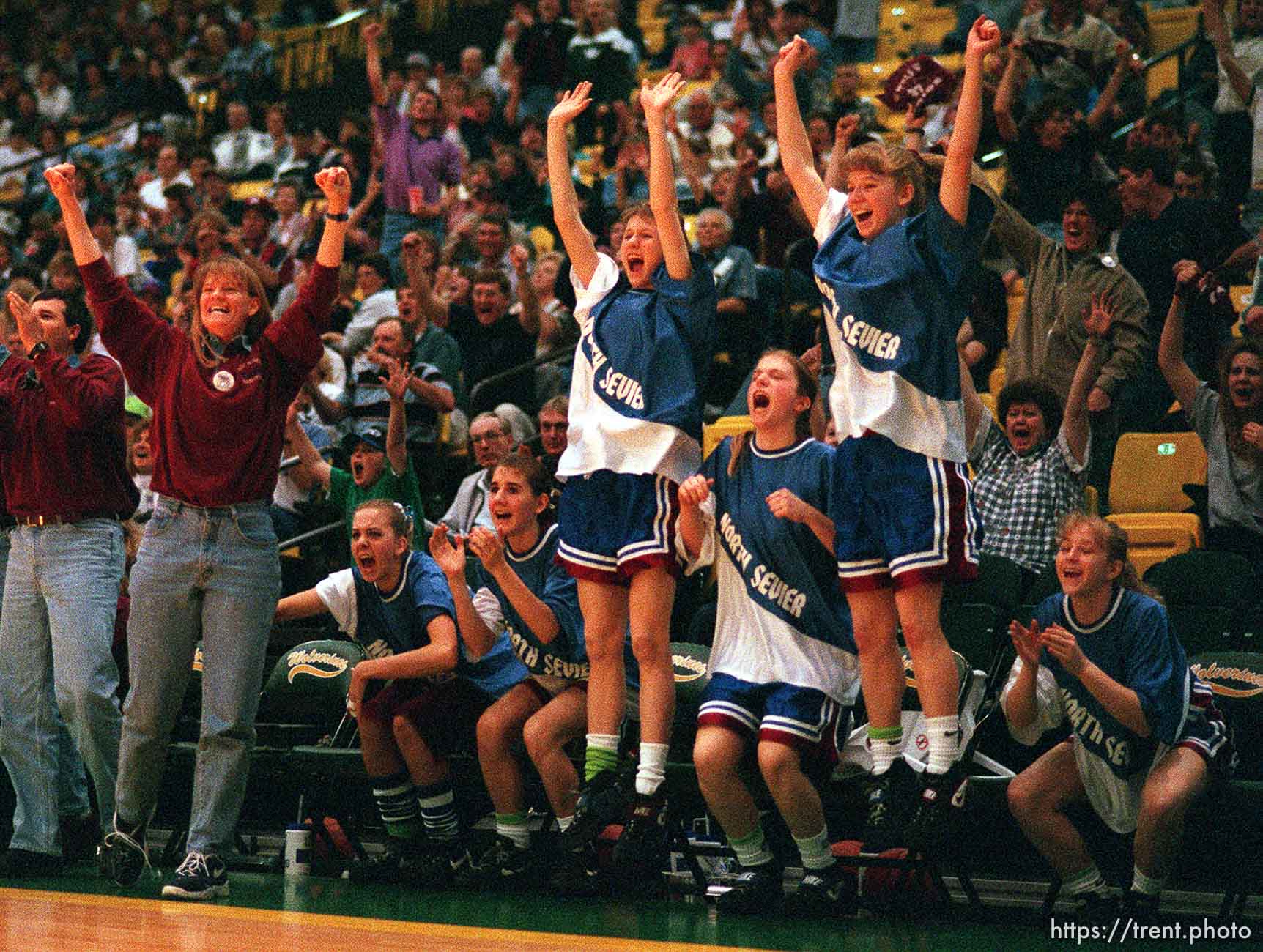 North Sevier basketball players and fans leap to their feet as the Wolves tie the score 42-42 late in the state championship match.