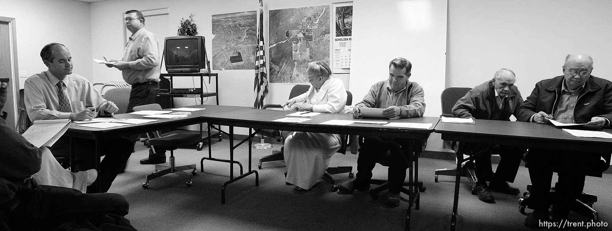 colorado city Council left to right: Kimball Barlow (gray shirt), Karen Barlow (pink dress), Terrill Johnson, Bygnal Dutson, Floyd Black, Donald Richter