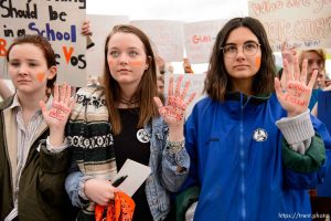 (Trent Nelson | The Salt Lake Tribune)  
High school students gathered at the Utah State Capitol in Salt Lake City to mark the anniversary of the Columbine High School massacre and call for action against gun violence, Friday April 20, 2018. Olivia Bee, Chloe Harris, and Amanda DeMelo