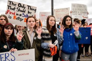 (Trent Nelson | The Salt Lake Tribune)  
High school students gathered at the Utah State Capitol in Salt Lake City to mark the anniversary of the Columbine High School massacre and call for action against gun violence, Friday April 20, 2018. Brynna Dow, Olivia Bee, Chloe Harris, and Amanda DeMelo