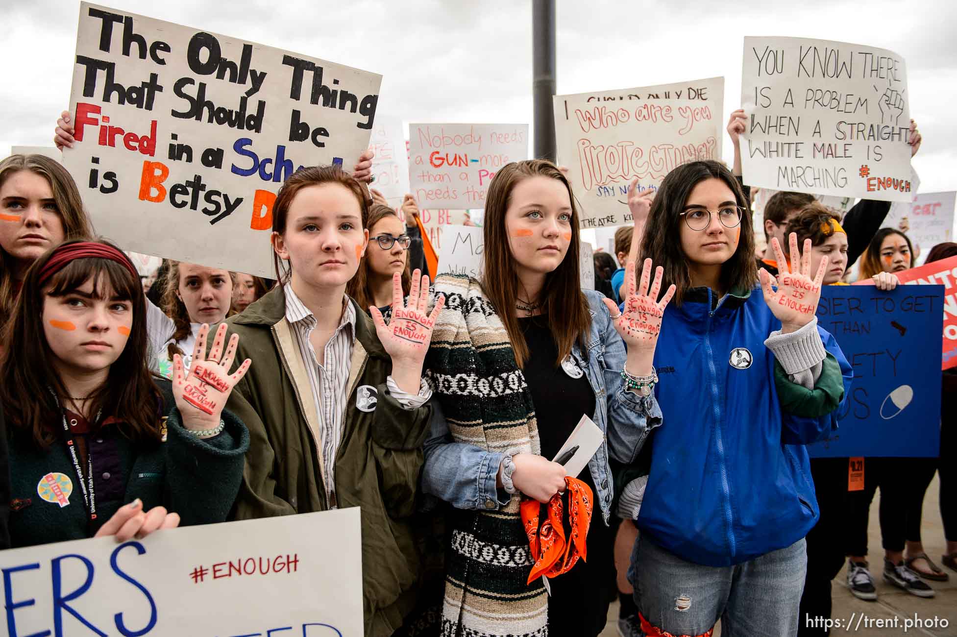 (Trent Nelson | The Salt Lake Tribune)  
High school students gathered at the Utah State Capitol in Salt Lake City to mark the anniversary of the Columbine High School massacre and call for action against gun violence, Friday April 20, 2018. Brynna Dow, Olivia Bee, Chloe Harris, and Amanda DeMelo