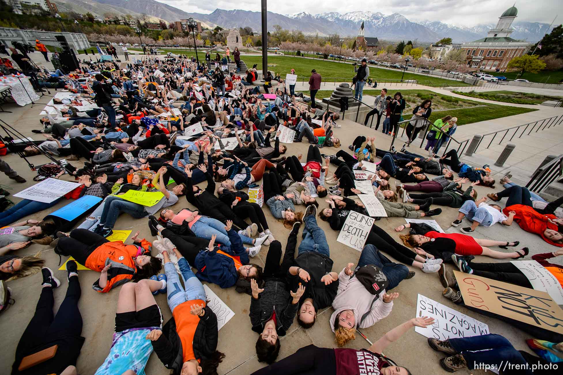 (Trent Nelson | The Salt Lake Tribune)  
High school students staged a die-in at the Utah State Capitol in Salt Lake City to mark the anniversary of the Columbine High School massacre and call for action against gun violence, Friday April 20, 2018.