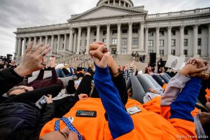 (Trent Nelson | The Salt Lake Tribune)  
High school students staged a die-in at the Utah State Capitol in Salt Lake City to mark the anniversary of the Columbine High School massacre and call for action against gun violence, Friday April 20, 2018.