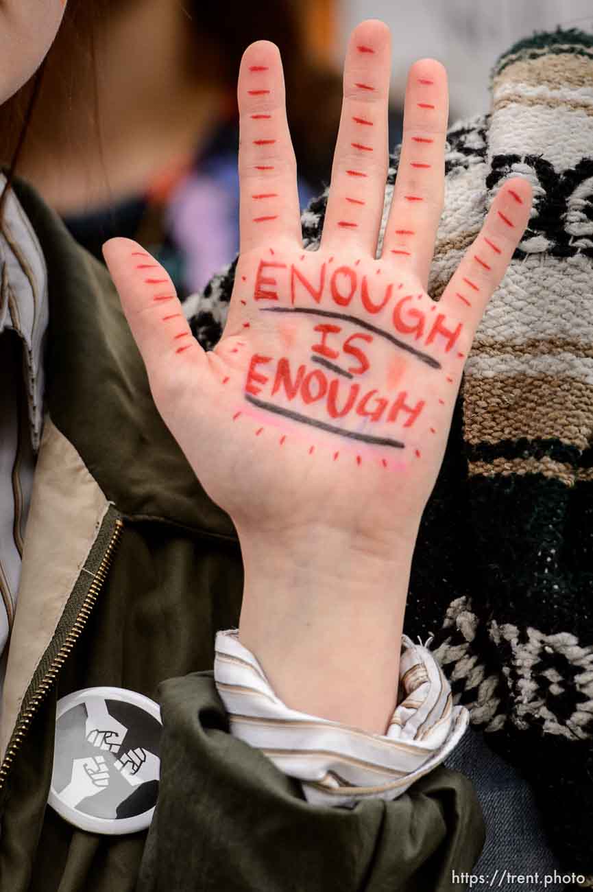 (Trent Nelson | The Salt Lake Tribune)  
High school students gathered at the Utah State Capitol in Salt Lake City to mark the anniversary of the Columbine High School massacre and call for action against gun violence, Friday April 20, 2018.