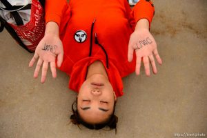 (Trent Nelson | The Salt Lake Tribune)  
High school students staged a die-in at the Utah State Capitol in Salt Lake City to mark the anniversary of the Columbine High School massacre and call for action against gun violence, Friday April 20, 2018.