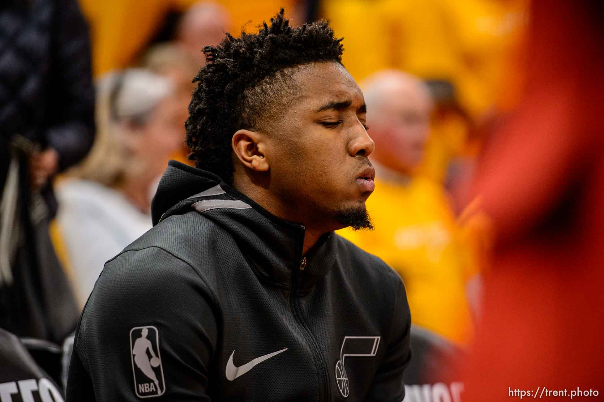 (Trent Nelson | The Salt Lake Tribune)  
Utah Jazz host the Oklahoma City Thunder, Game 3, NBA playoff basketball in Salt Lake City, Saturday April 21, 2018. Utah Jazz guard Donovan Mitchell (45) on the bench pre-game.