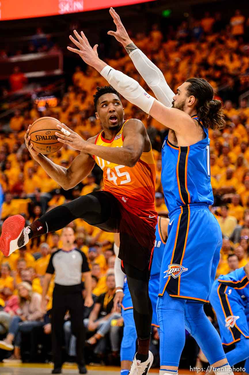 (Trent Nelson | The Salt Lake Tribune)  
Utah Jazz host the Oklahoma City Thunder, Game 3, NBA playoff basketball in Salt Lake City, Saturday April 21, 2018. Utah Jazz guard Donovan Mitchell (45) defended by Oklahoma City Thunder center Steven Adams (12).