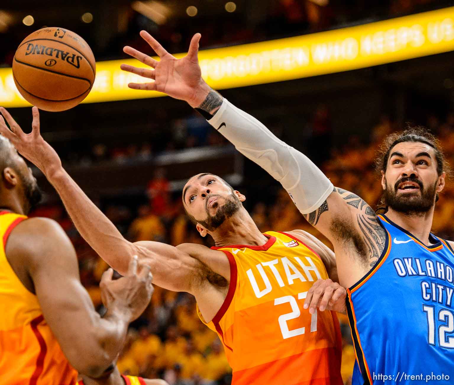 (Trent Nelson | The Salt Lake Tribune)  
Utah Jazz host the Oklahoma City Thunder, Game 3, NBA playoff basketball in Salt Lake City, Saturday April 21, 2018. Utah Jazz center Rudy Gobert (27) and Oklahoma City Thunder center Steven Adams (12).