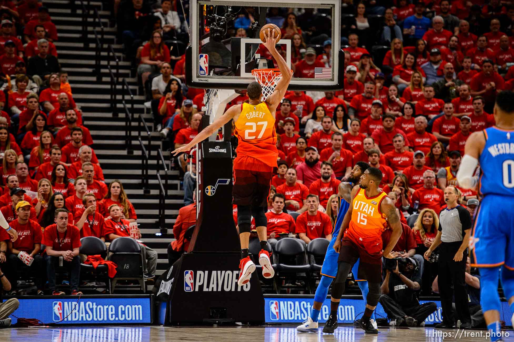 (Trent Nelson | The Salt Lake Tribune)  
Utah Jazz host the Oklahoma City Thunder, Game 3, NBA playoff basketball in Salt Lake City, Saturday April 21, 2018. Utah Jazz center Rudy Gobert (27) gives the Jazz a two point lead.