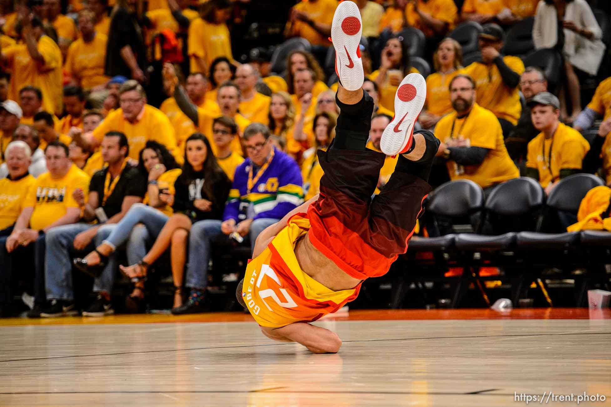 (Trent Nelson | The Salt Lake Tribune)  
Utah Jazz host the Oklahoma City Thunder, Game 3, NBA playoff basketball in Salt Lake City, Saturday April 21, 2018. Utah Jazz center Rudy Gobert (27) flips himself off the floor.