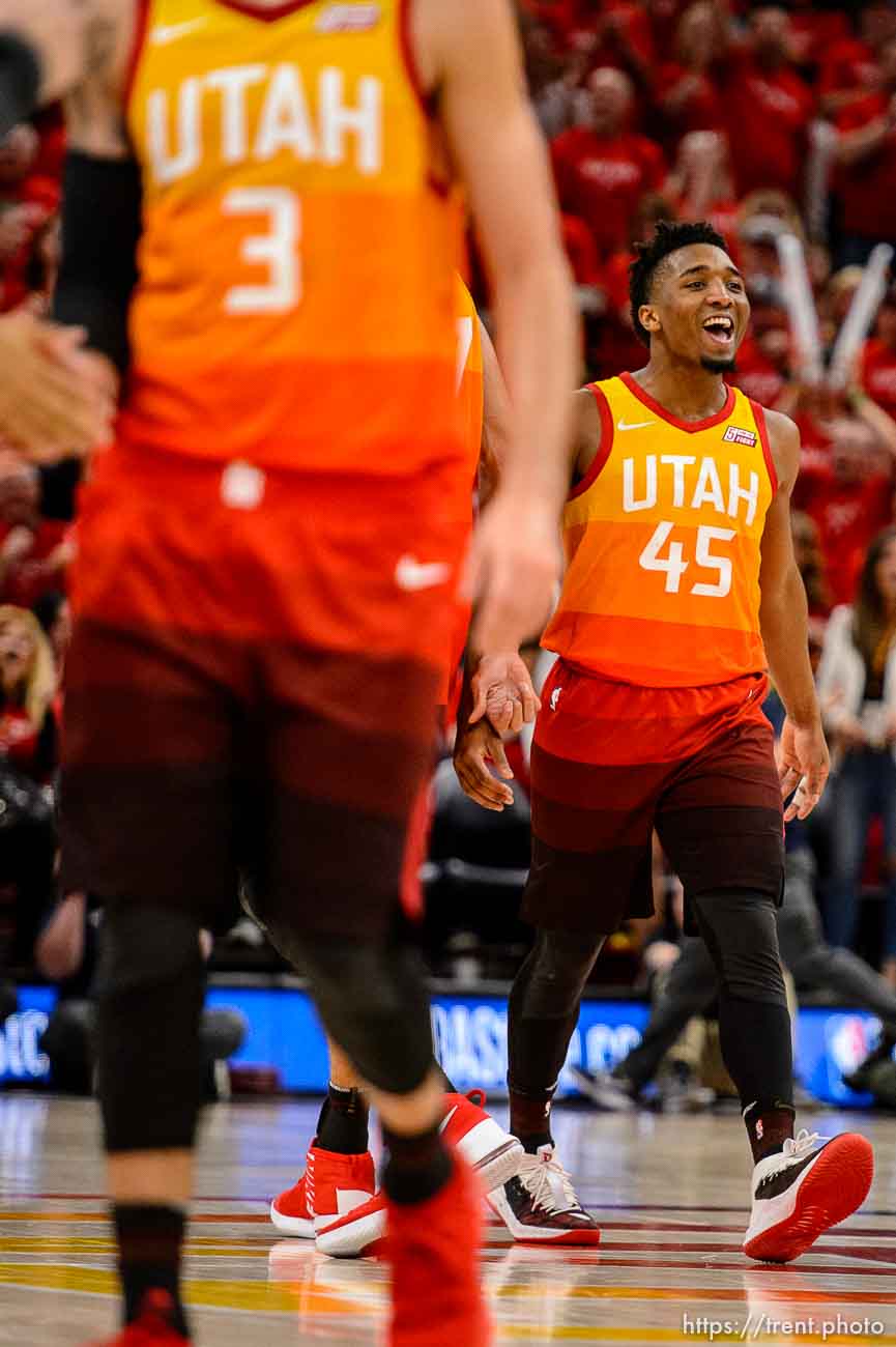 (Trent Nelson | The Salt Lake Tribune)  
Utah Jazz host the Oklahoma City Thunder, Game 3, NBA playoff basketball in Salt Lake City, Saturday April 21, 2018. Utah Jazz guard Donovan Mitchell (45).