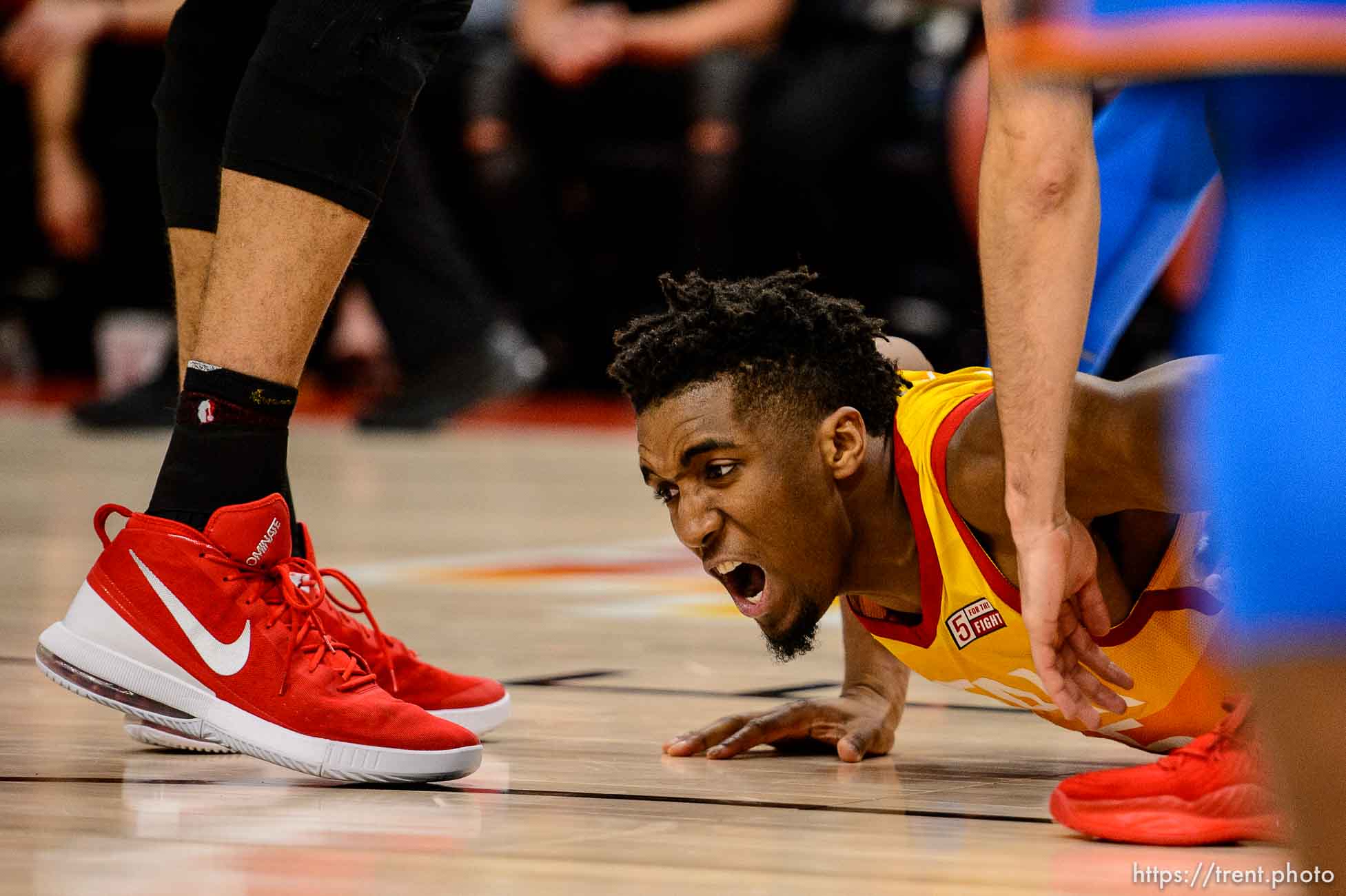 (Trent Nelson | The Salt Lake Tribune)  
Utah Jazz host the Oklahoma City Thunder, Game 3, NBA playoff basketball in Salt Lake City, Saturday April 21, 2018. Utah Jazz guard Donovan Mitchell (45) picks up his fourth foul.