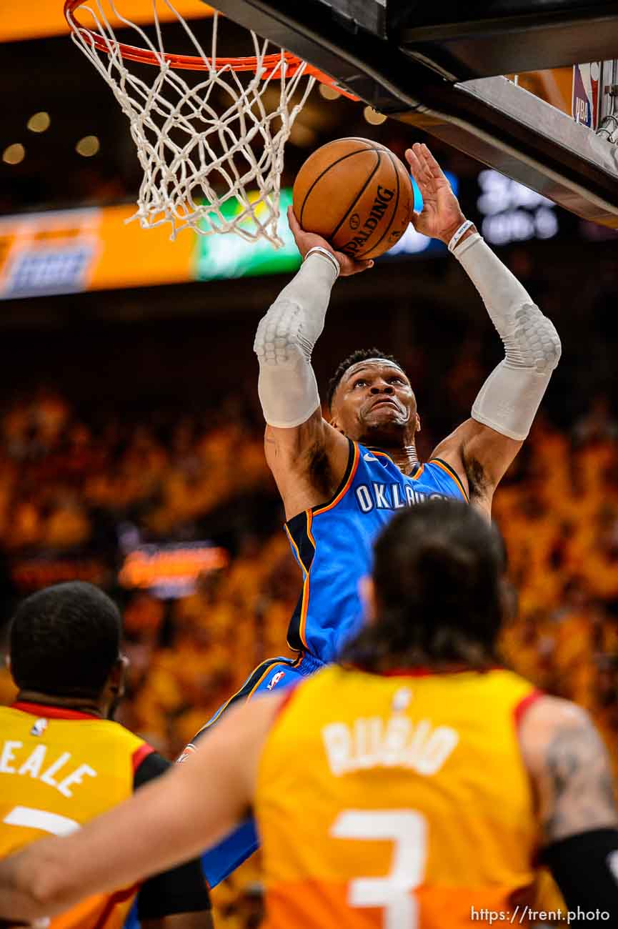 (Trent Nelson | The Salt Lake Tribune)  
Utah Jazz host the Oklahoma City Thunder, Game 3, NBA playoff basketball in Salt Lake City, Saturday April 21, 2018. Oklahoma City Thunder guard Russell Westbrook (0).