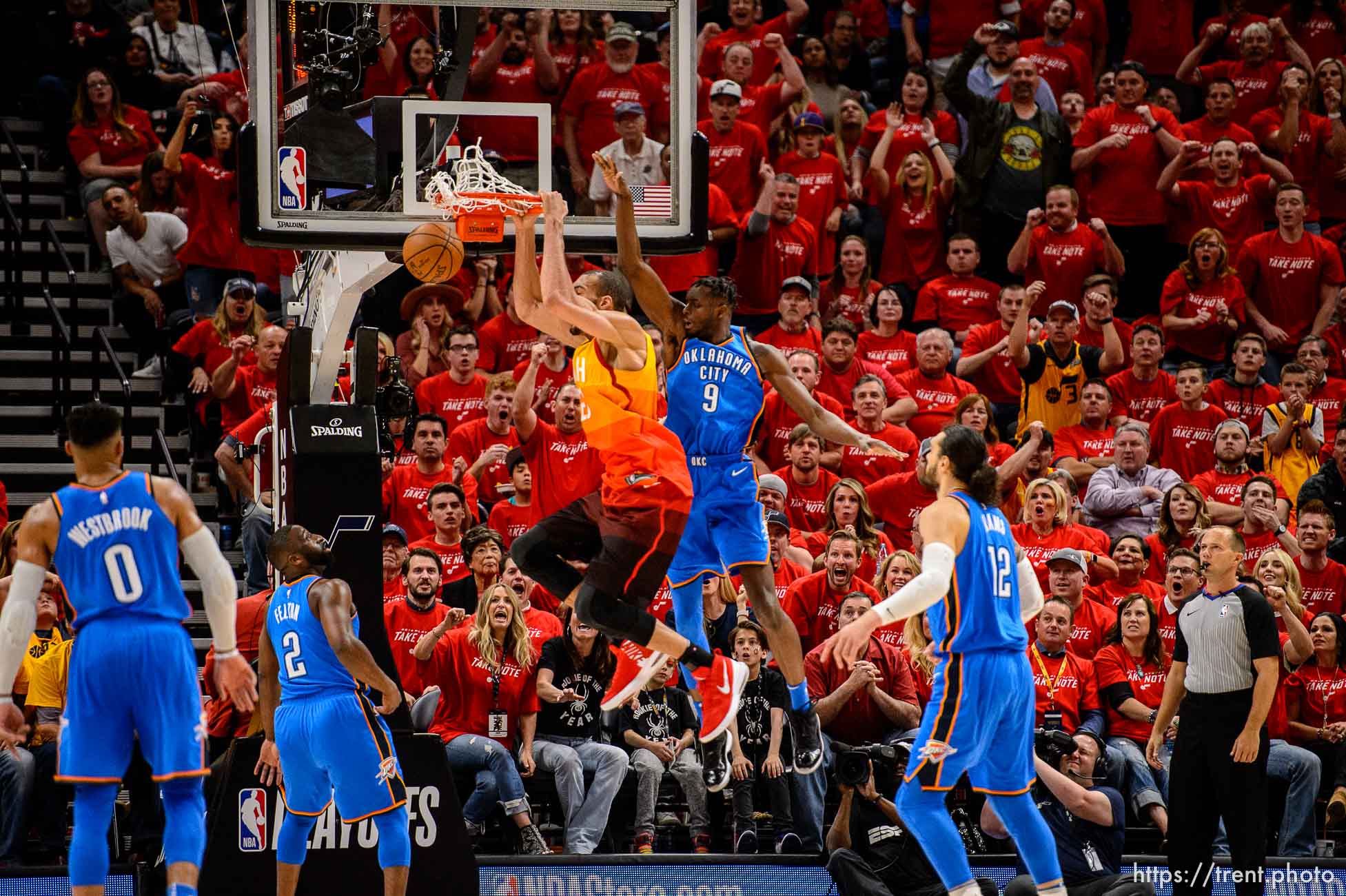 (Trent Nelson | The Salt Lake Tribune)  
Utah Jazz host the Oklahoma City Thunder, Game 3, NBA playoff basketball in Salt Lake City, Saturday April 21, 2018. Utah Jazz center Rudy Gobert (27) dunks to give the Jazz a twelve-point lead.