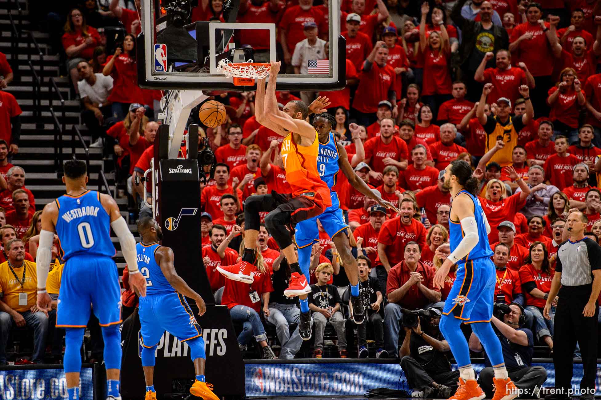 (Trent Nelson | The Salt Lake Tribune)  
Utah Jazz host the Oklahoma City Thunder, Game 3, NBA playoff basketball in Salt Lake City, Saturday April 21, 2018. Utah Jazz center Rudy Gobert (27) dunks to give the Jazz a twelve-point lead.